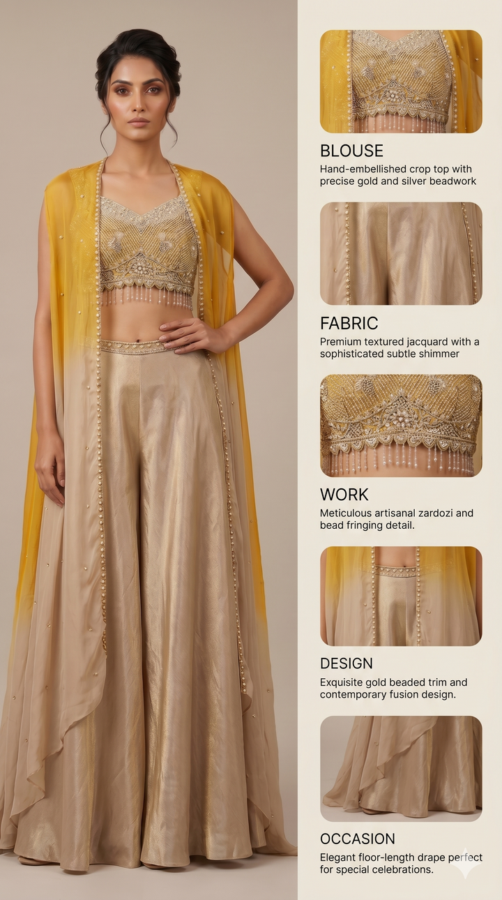 Mustard Yellow Cape Style Palazzo Set with Embellished Blouse