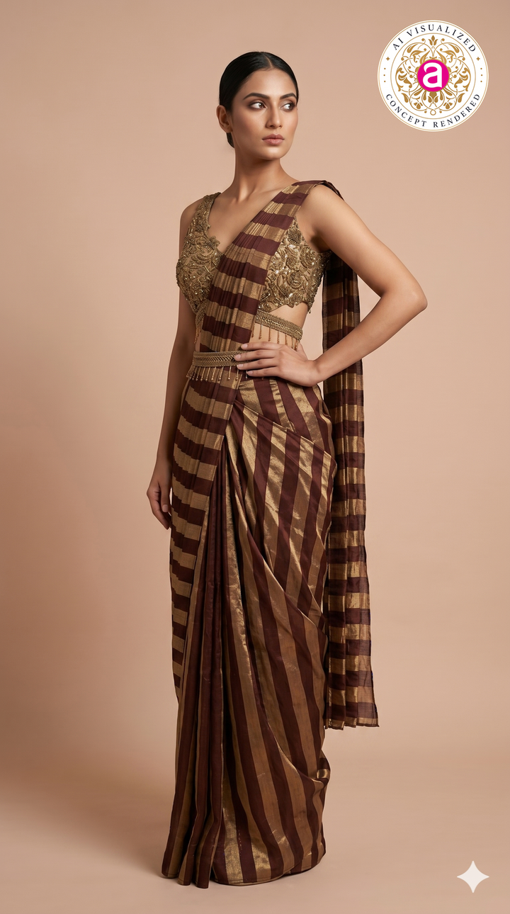 Wine Brown Ready to Wear Saree with Embellished Designer Blouse & Metallic Stripes
