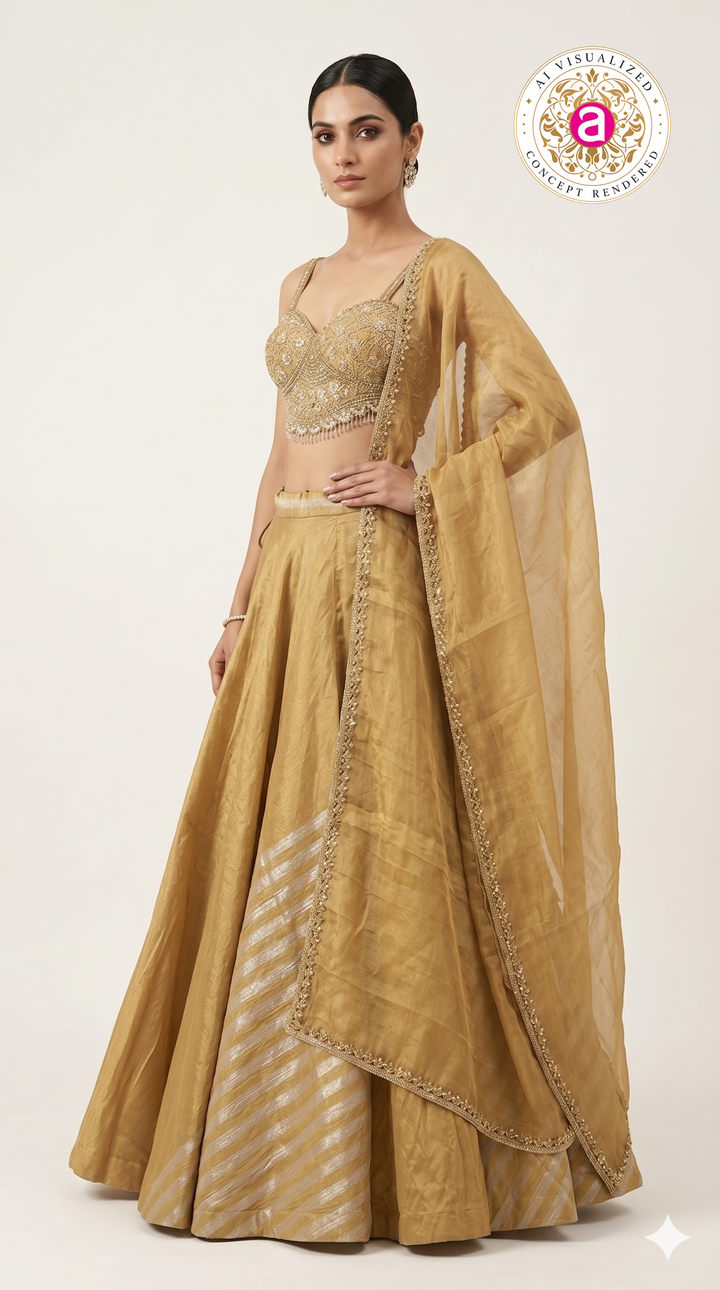 Golden Silk Lehenga Choli with Embellished Bustier & Sheer Dupatta