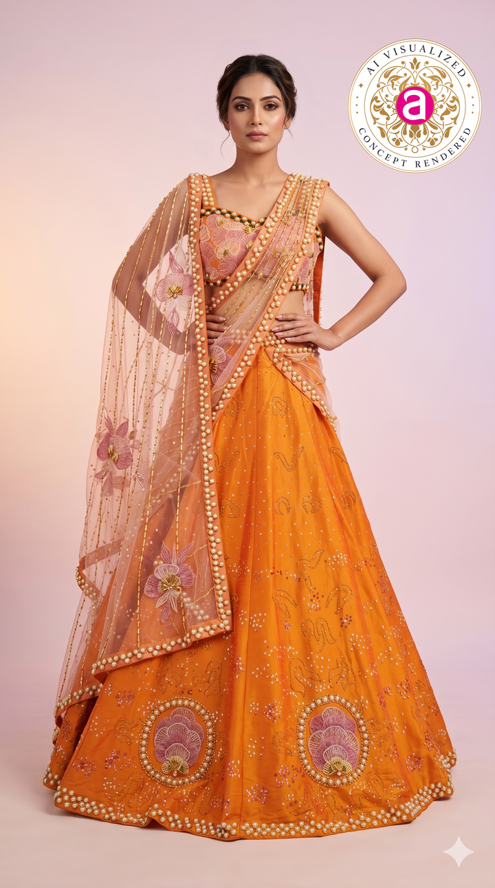 Sunset Orange & Blush Pink Embroidered Designer Lehenga Choli with Net Dupatta
