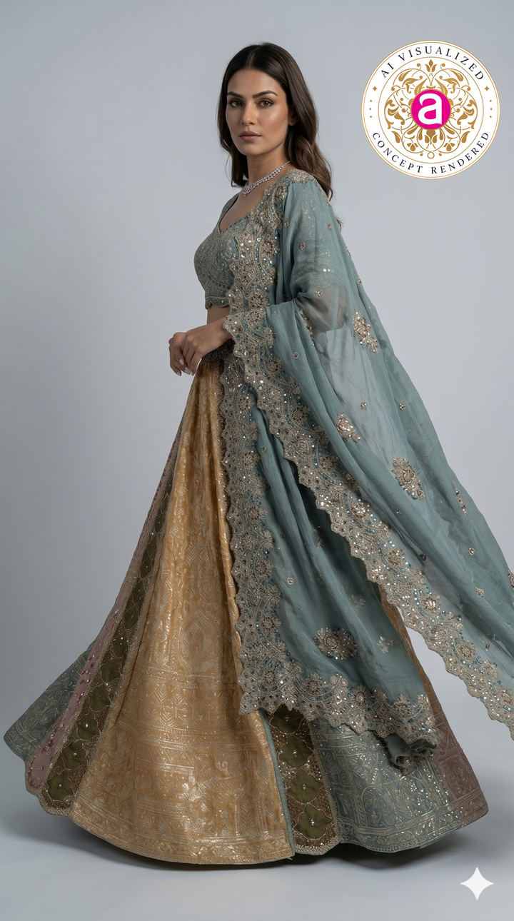 Teal Green & Antique Gold Banarasi Designer Lehenga Choli with Embroidered Dupatta