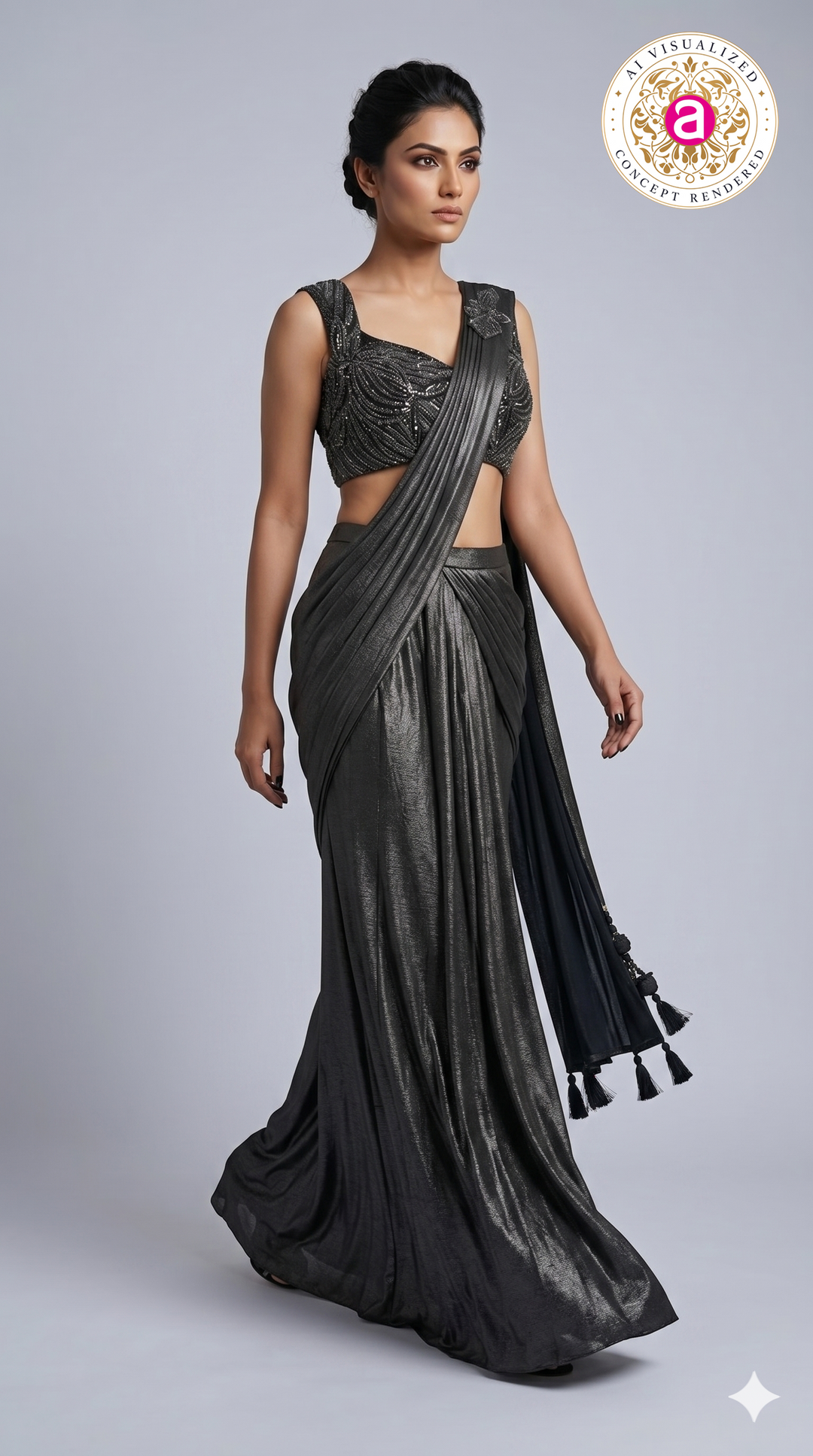 Midnight Black Ready-to-Wear Saree with Embellished Designer Blouse & Draped Pleats