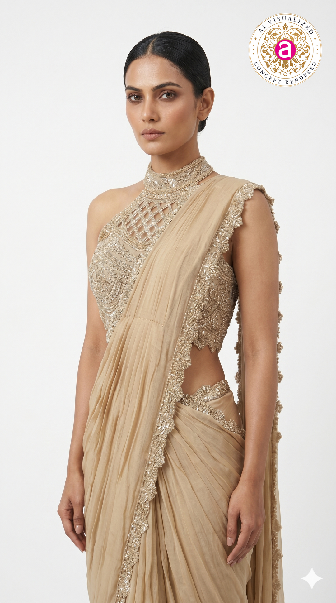 Champagne Beige Ready to Wear Saree with Embellished Halter Blouse