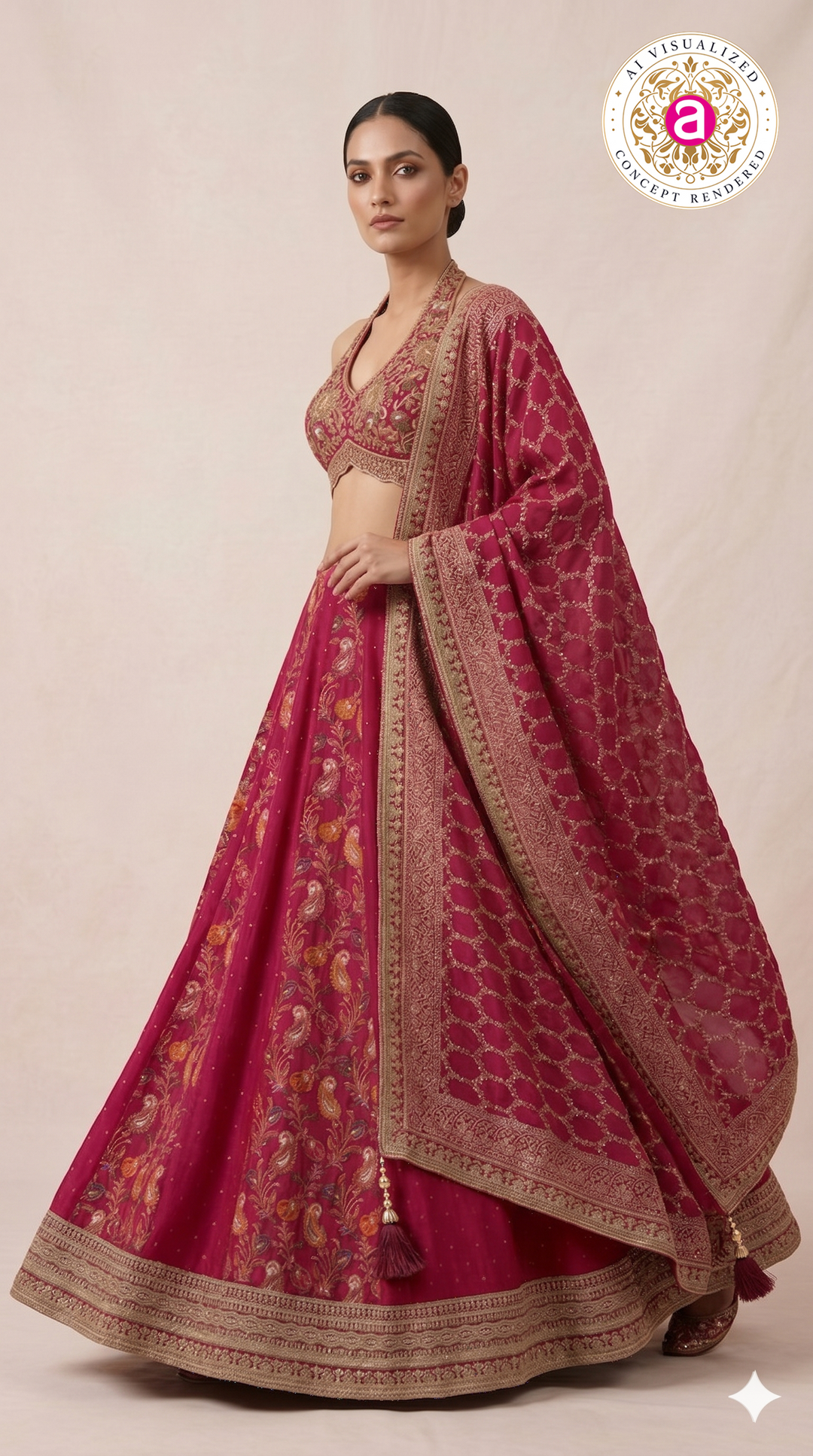 Rani Pink Embroidered Lehenga Set with Halter Neck Designer Blouse & Dupatta