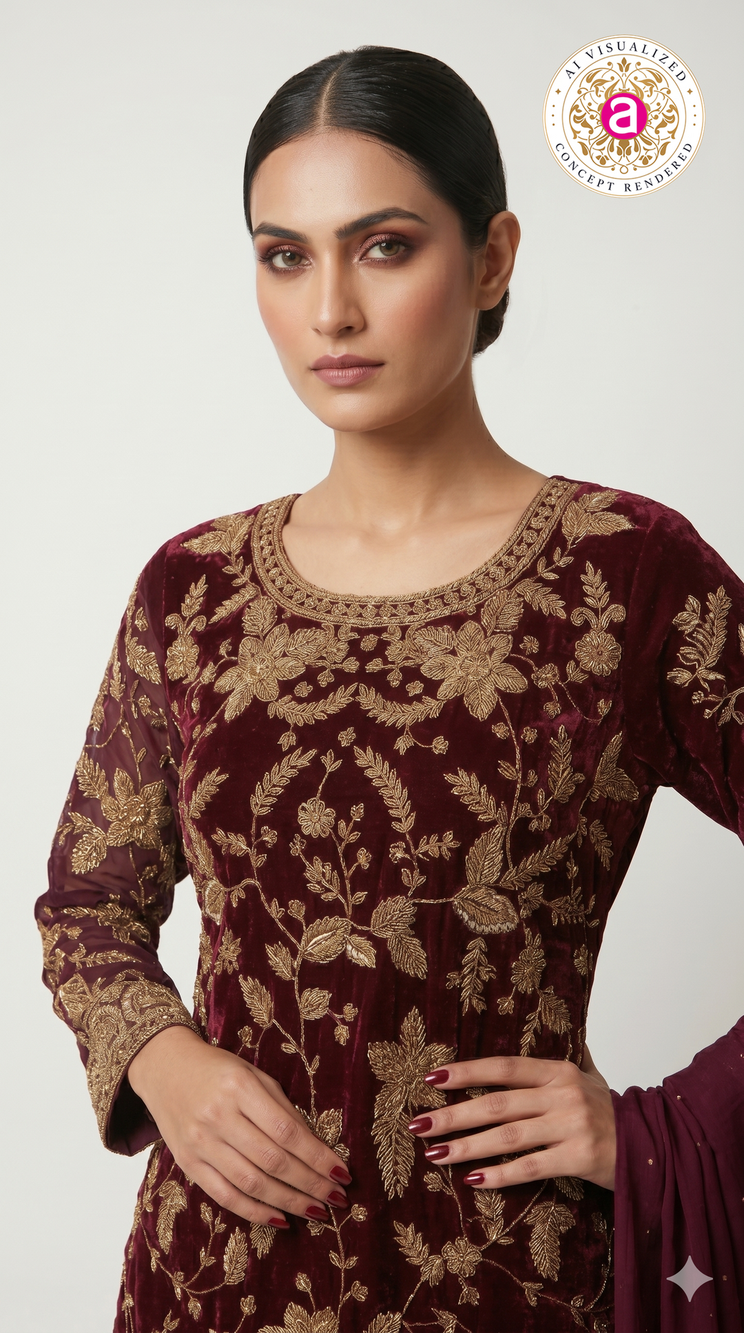 Deep Wine Embroidered Kurta Sharara Set with Dupatta
