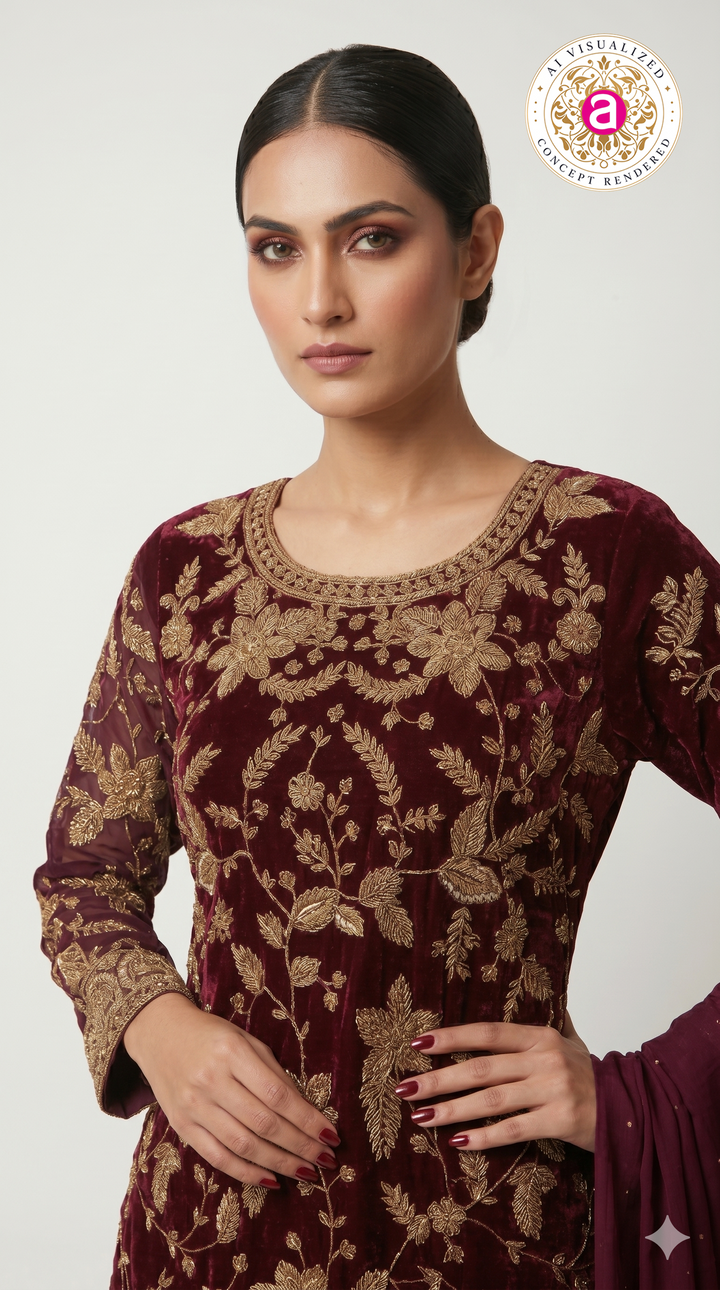 Deep Wine Embroidered Kurta Sharara Set with Dupatta