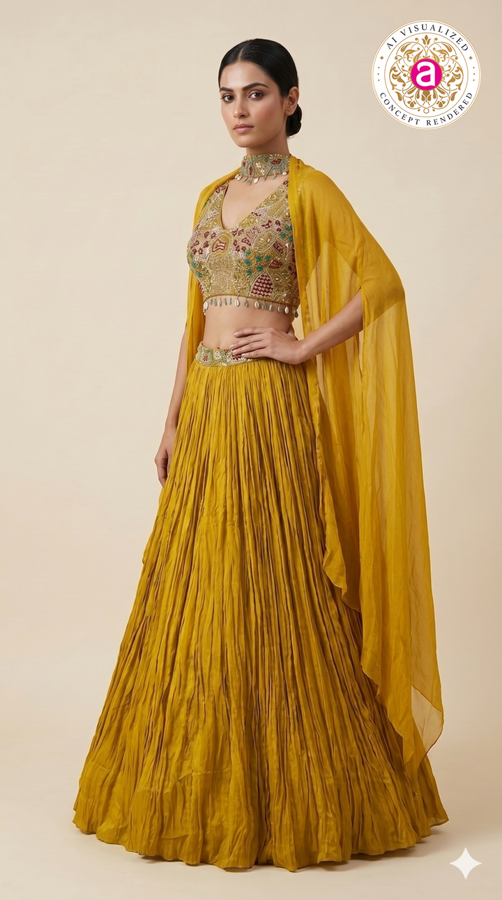 Mustard Yellow Embroidered Lehenga Set with Cape Sleeves & Choker Detail