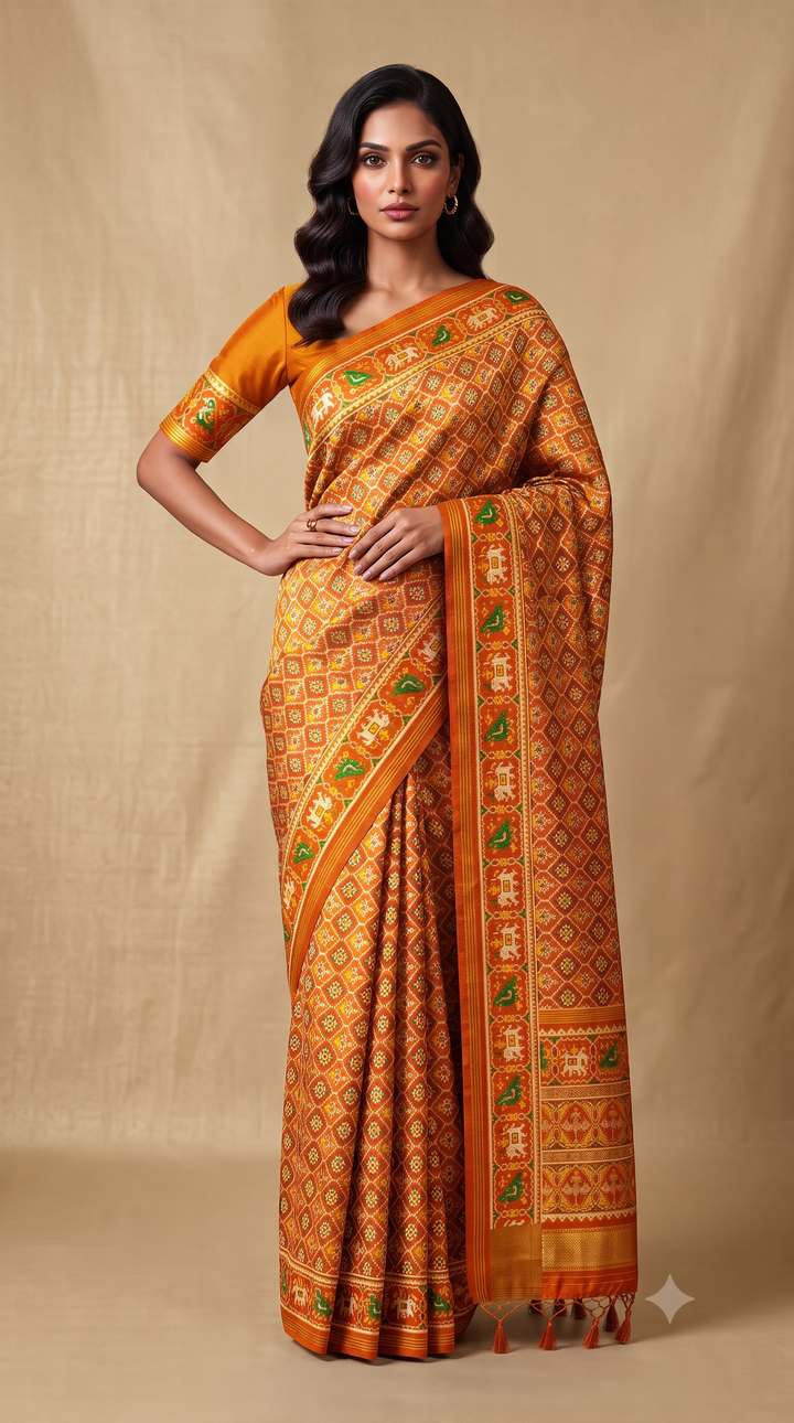 Premium Patola Inspired Weaving Silk Saree with Traditional Elephant Border