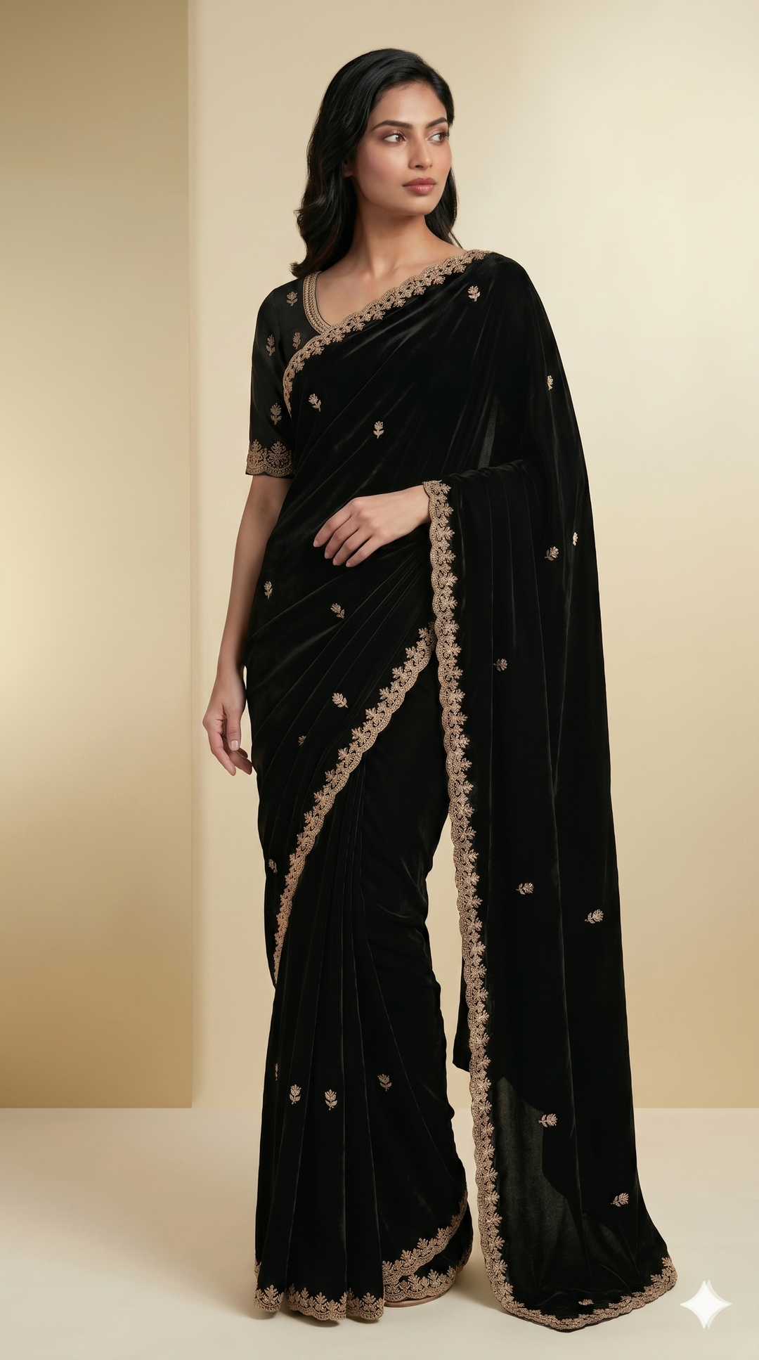 Black Pure Chinon Handwork Saree with Zardosi, Beads & Pearl Work