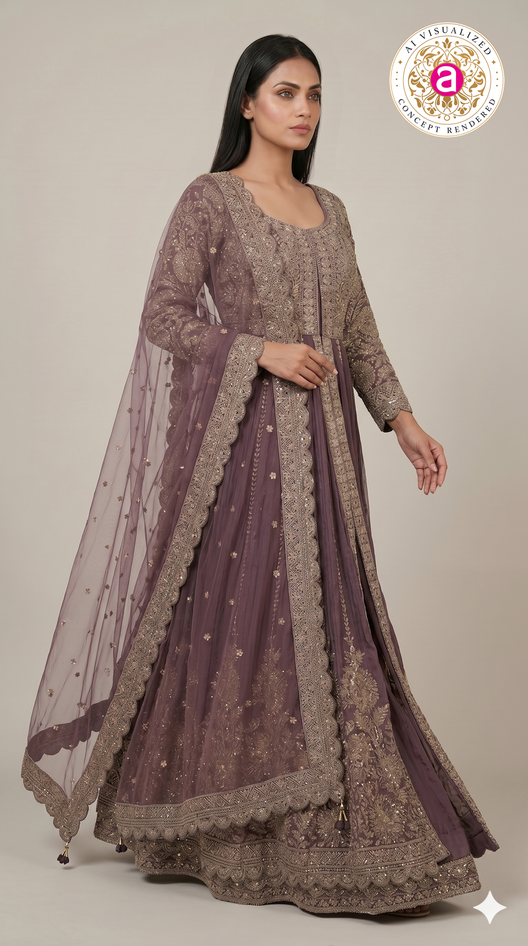 Royal Plum Embroidered Anarkali Gown with Designer Dupatta