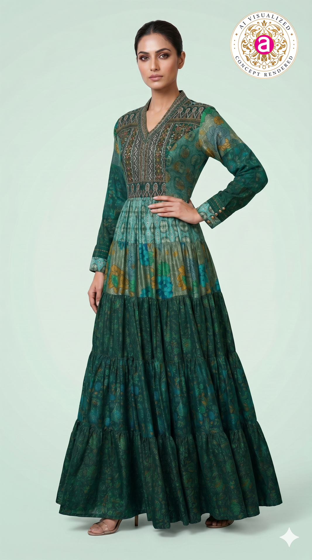 Emerald Green Printed Tiered Maxi Dress
