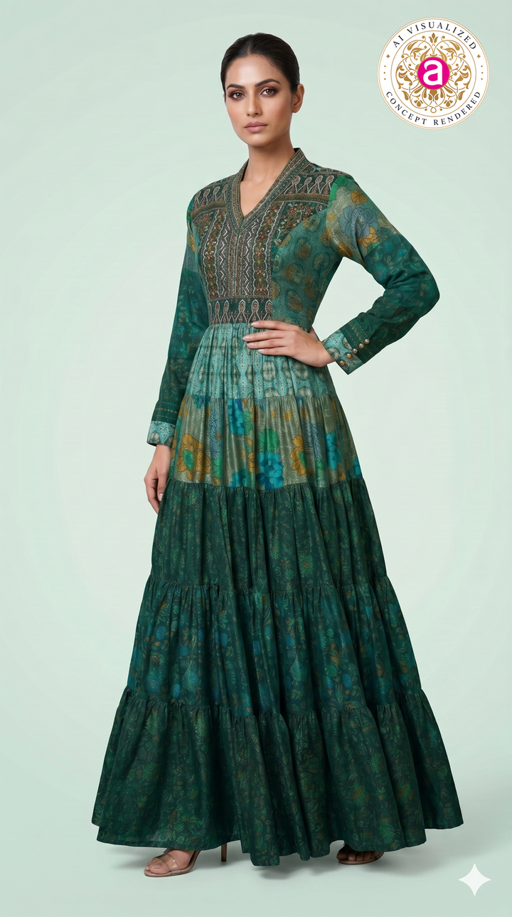 Emerald Green Printed Tiered Maxi Dress