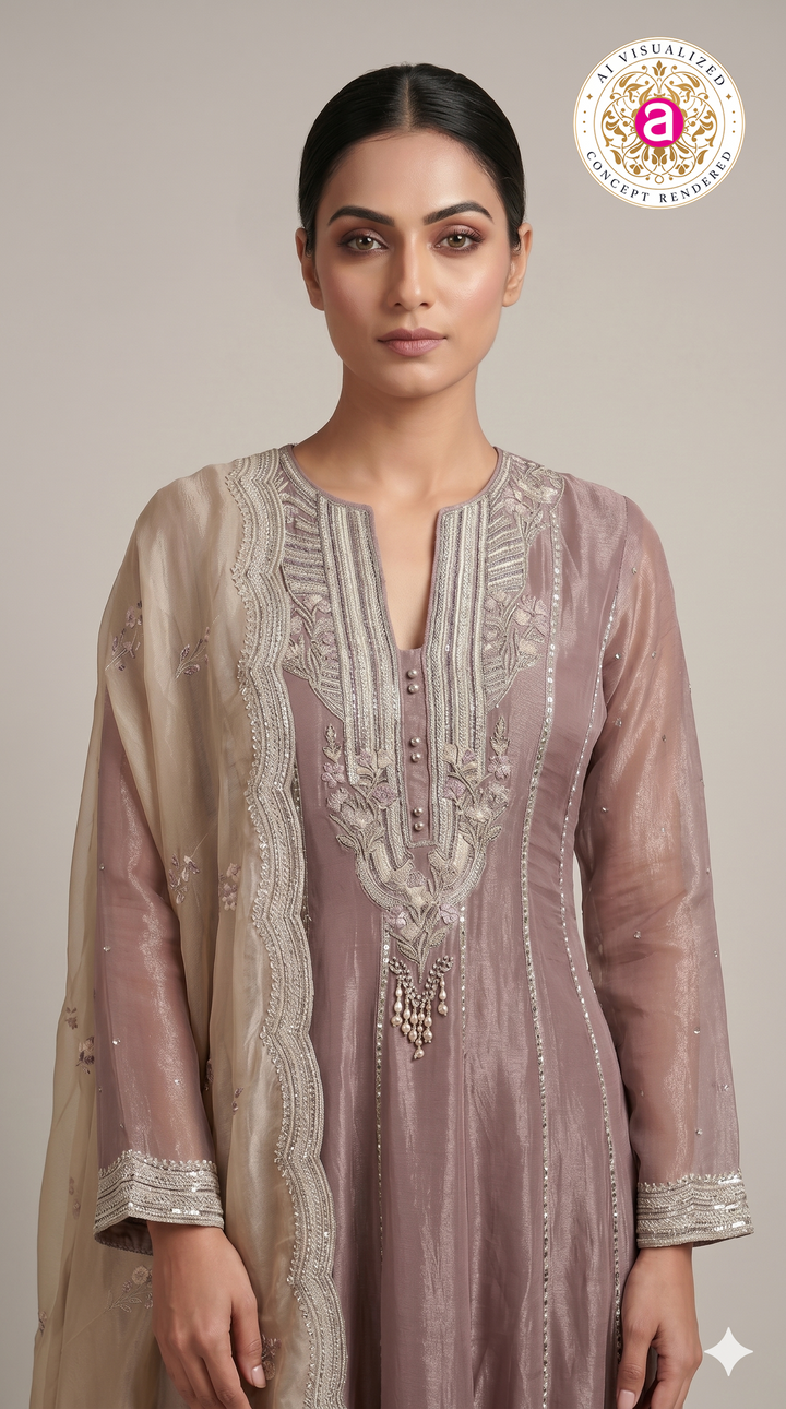 Dusty Mauve Embroidered Anarkali Kurta Set with Palazzo & Organza Dupatta