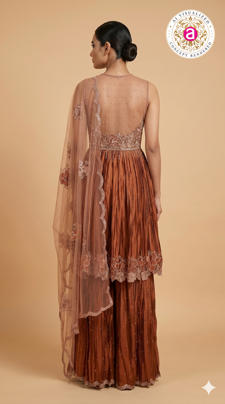 Rust Copper Embroidered Sharara Set with Floral Cape Dupatta