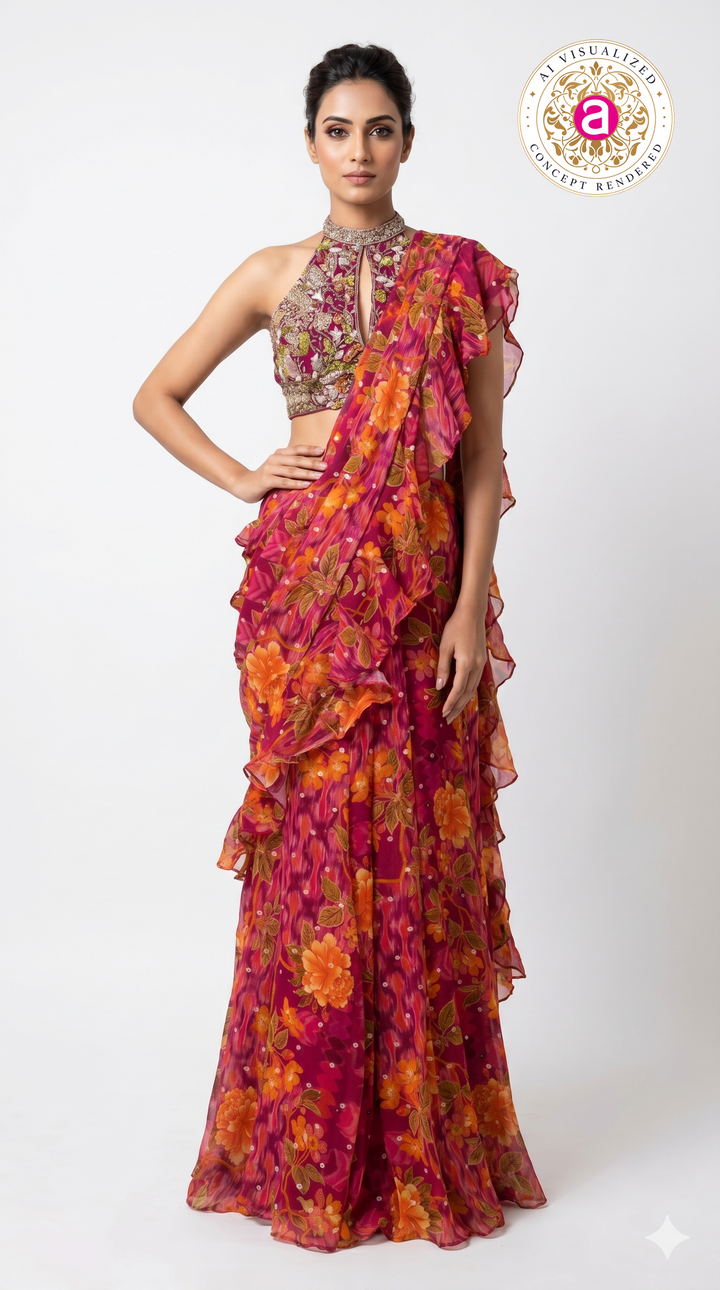 Rani Pink Floral Ready-to-Wear Saree with Ruffle Draping & Embroidered Halter Blouse