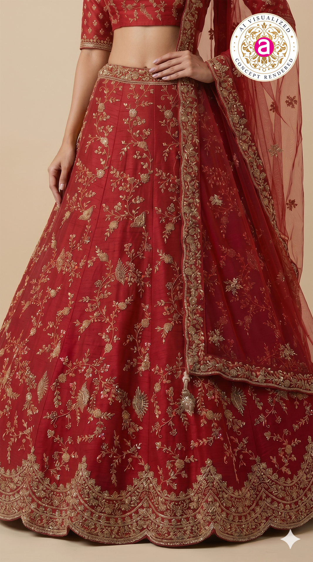 Ruby Red Designer Bridal Lehenga Set with Heavy Zari Embroidery & Net Dupatta