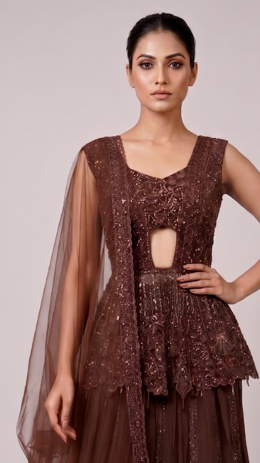 Chocolate Brown Embellished Peplum Lehenga Set with Sheer Dupatta