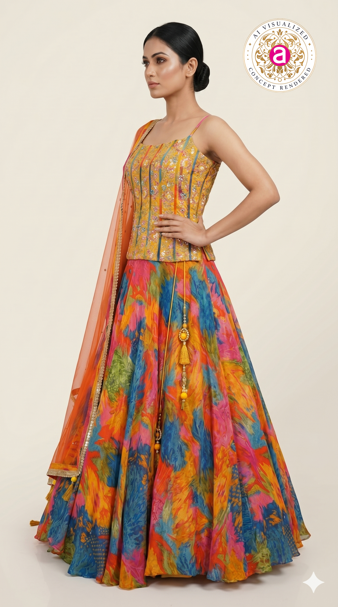 Abstract Multicolor Printed Lehenga Set with Embroidered Bustier & Orange Dupatta