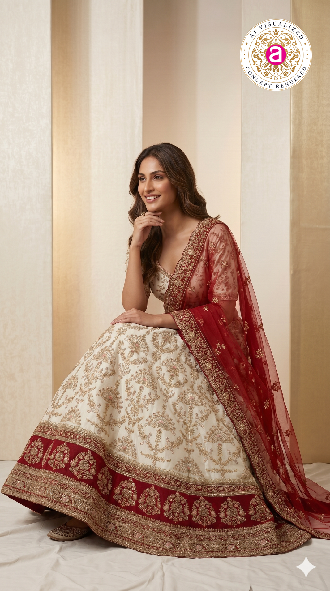 Ivory White & Maroon Designer Bridal Lehenga Set with Heavy Zari Embroidery & Net Dupatta