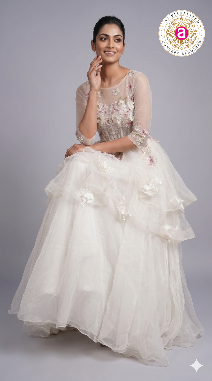 Ivory Floral Appliqué Layered Couture Ball Gown