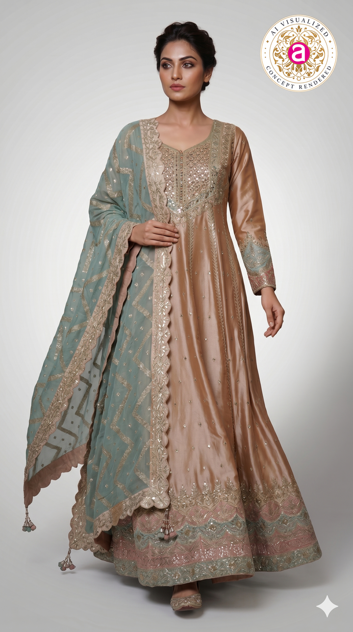 Champagne Gold Anarkali Suit Set with Embroidered Dupatta