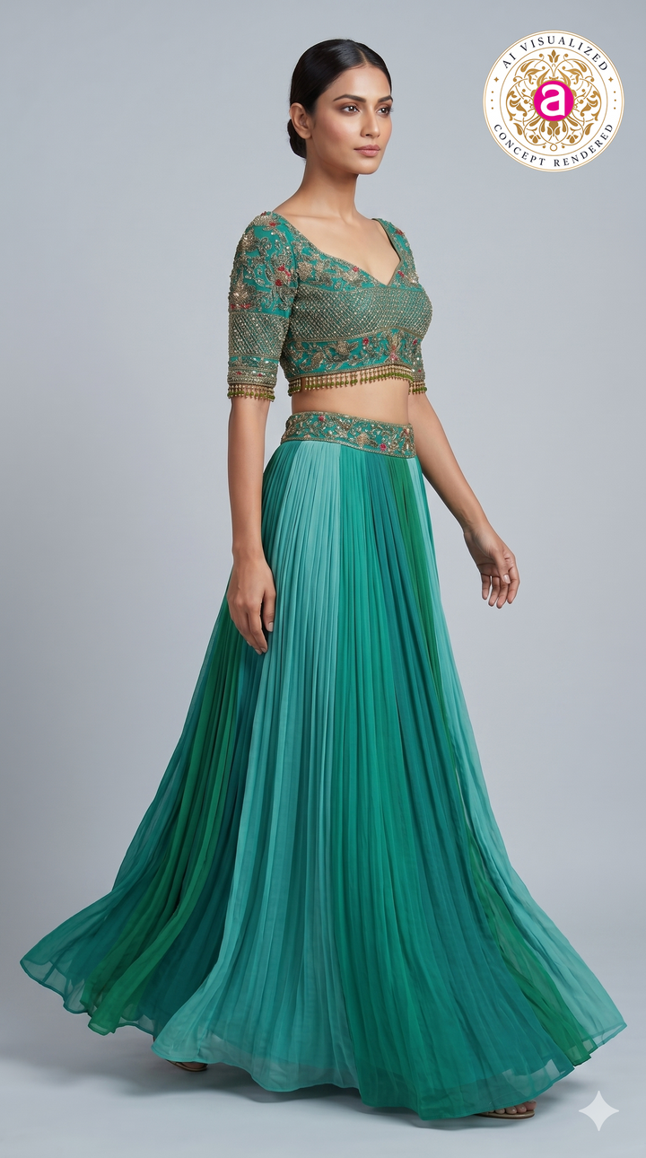Teal Green Embroidered Crop Top with Pleated Lehenga Skirt
