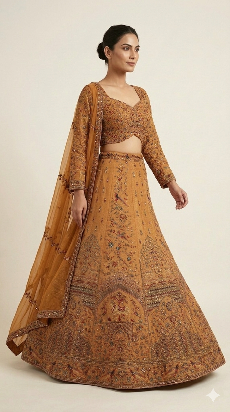 Mustard Gold Heritage Bridal Lehenga Set with Intricate Hand Embroidery & Traditional Motifs