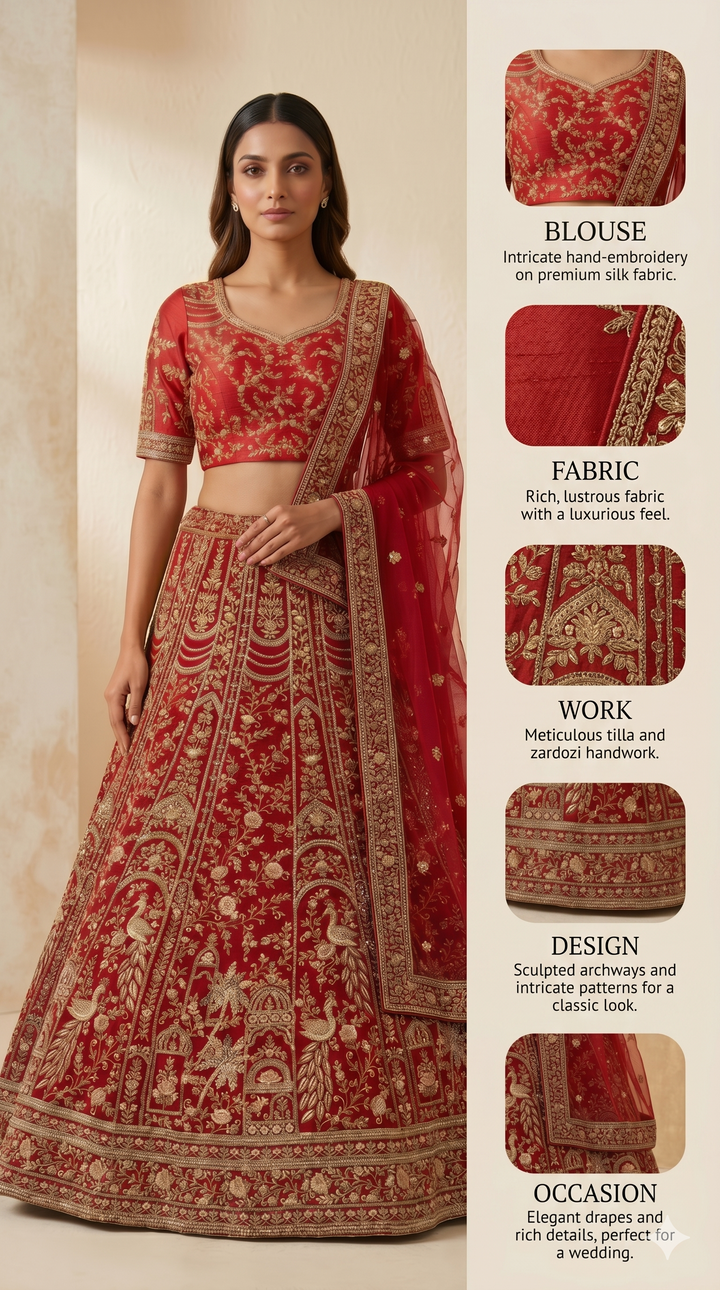 Bridal Red Designer Lehenga Set with Heavy Zari Embroidery & Net Dupatta
