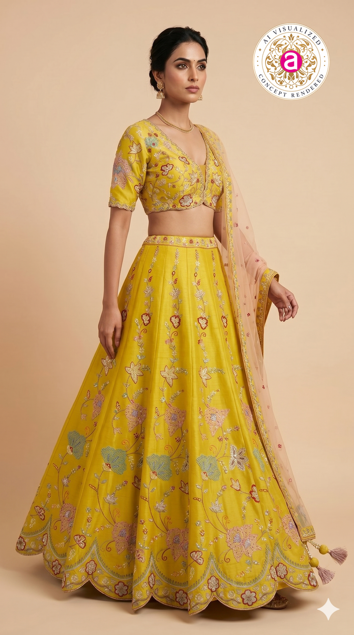 Mustard Yellow Floral Embroidered Designer Lehenga Choli with Net Dupatta