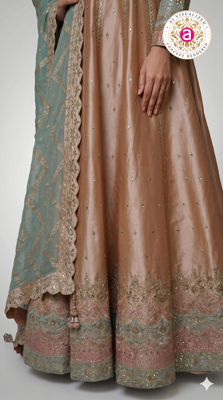 Champagne Gold Anarkali Suit Set with Embroidered Dupatta