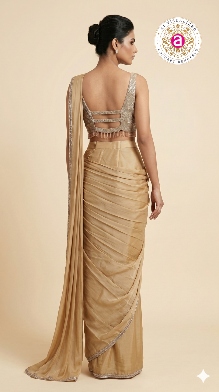 Champagne Gold Ready-to-Wear Saree with Sequined Designer Blouse & Elegant Border