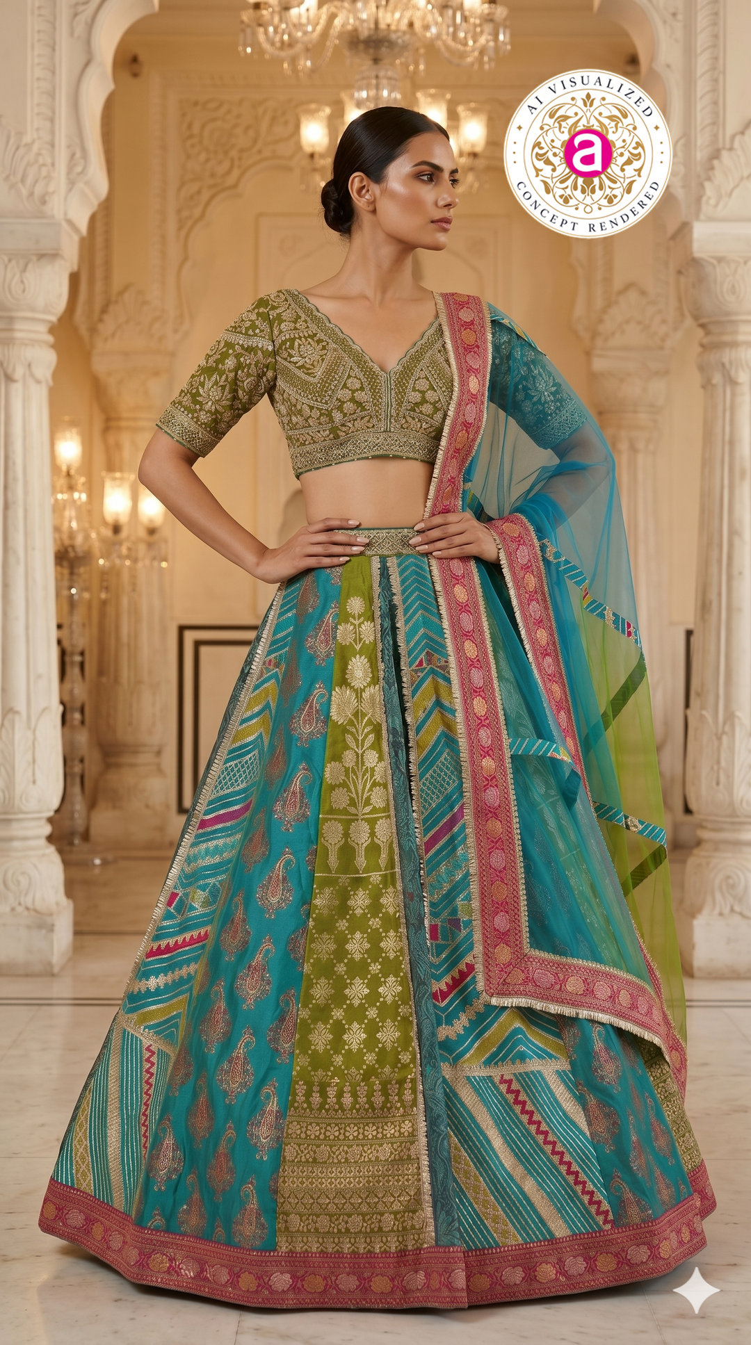 Turquoise Multicolor Designer Lehenga Set with Embroidered Blouse & Contrast Dupatta
