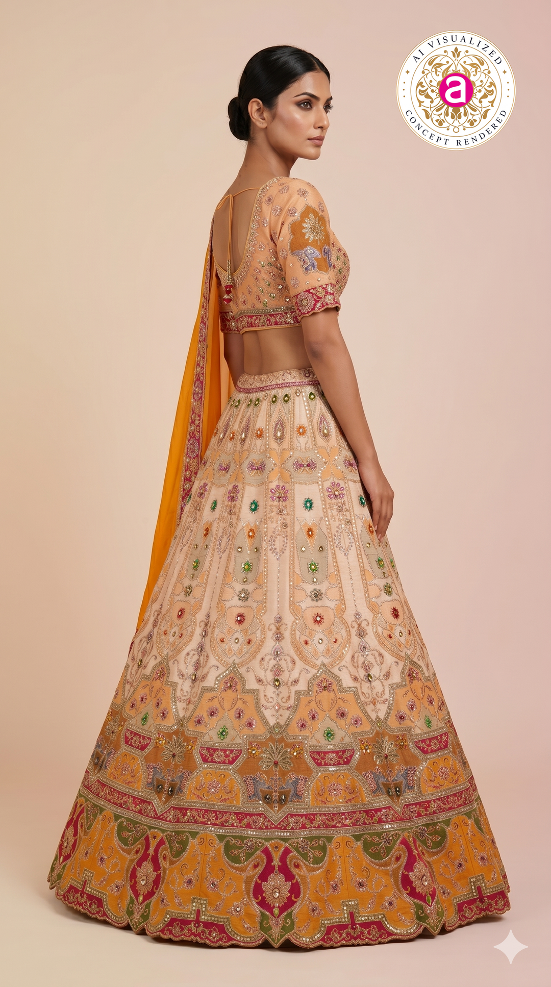 Peach & Mustard Embroidered Bridal Lehenga with Jewel Motifs & Designer Dupatta