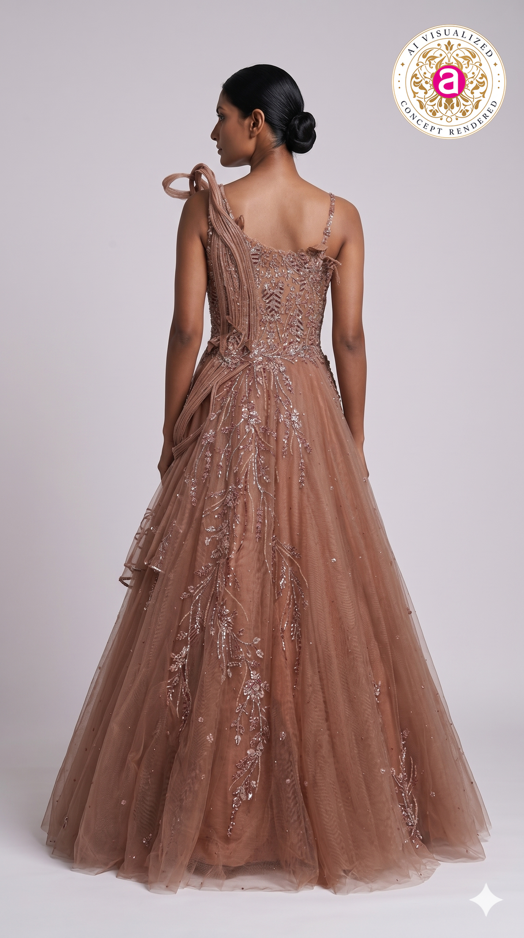 Rose Taupe Embellished Couture Ball Gown with Draped Bodice