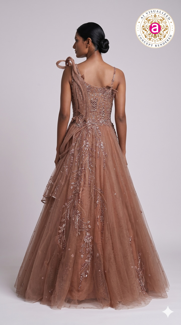 Rose Taupe Embellished Couture Ball Gown with Draped Bodice