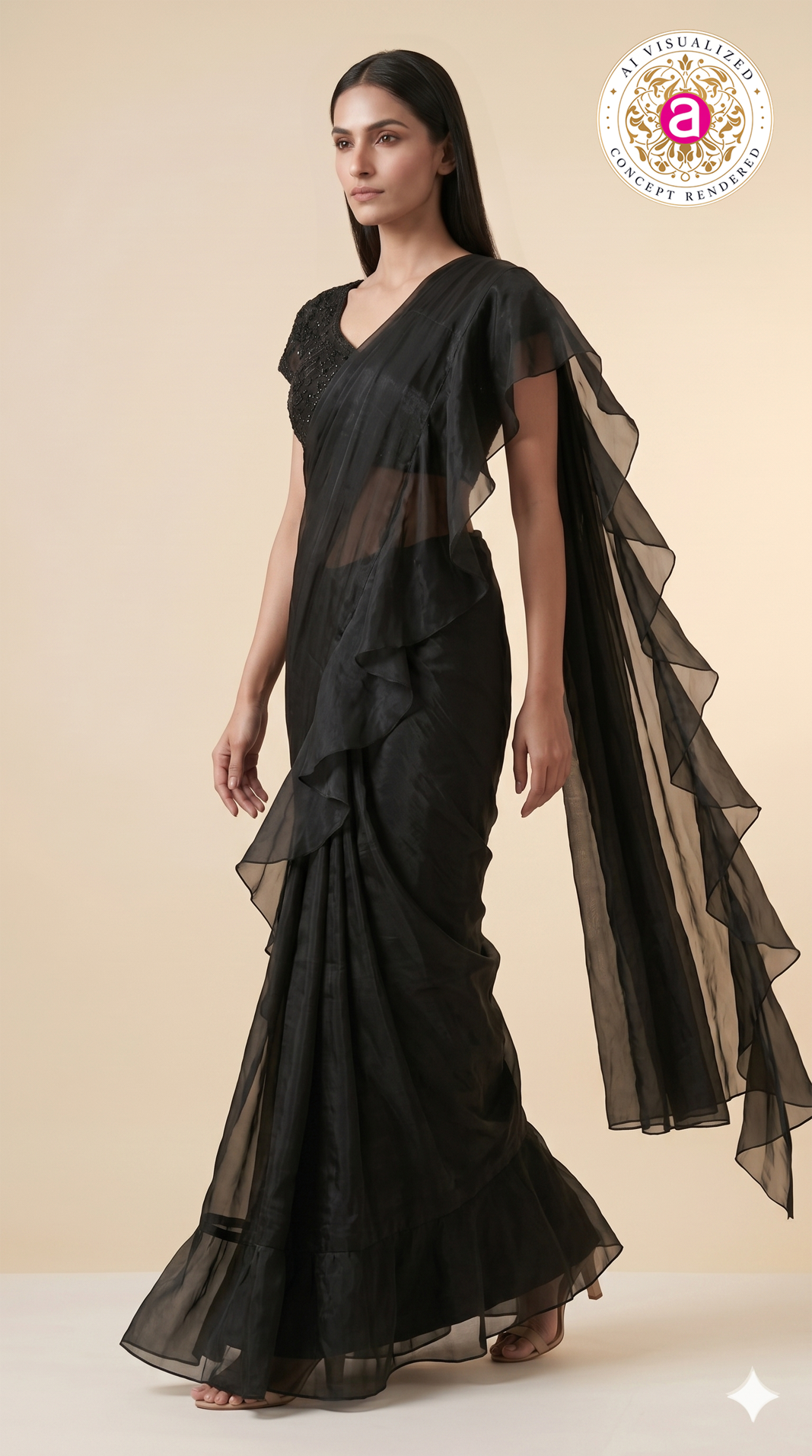 Elegant Black Ruffle Saree with Embellished Blouse