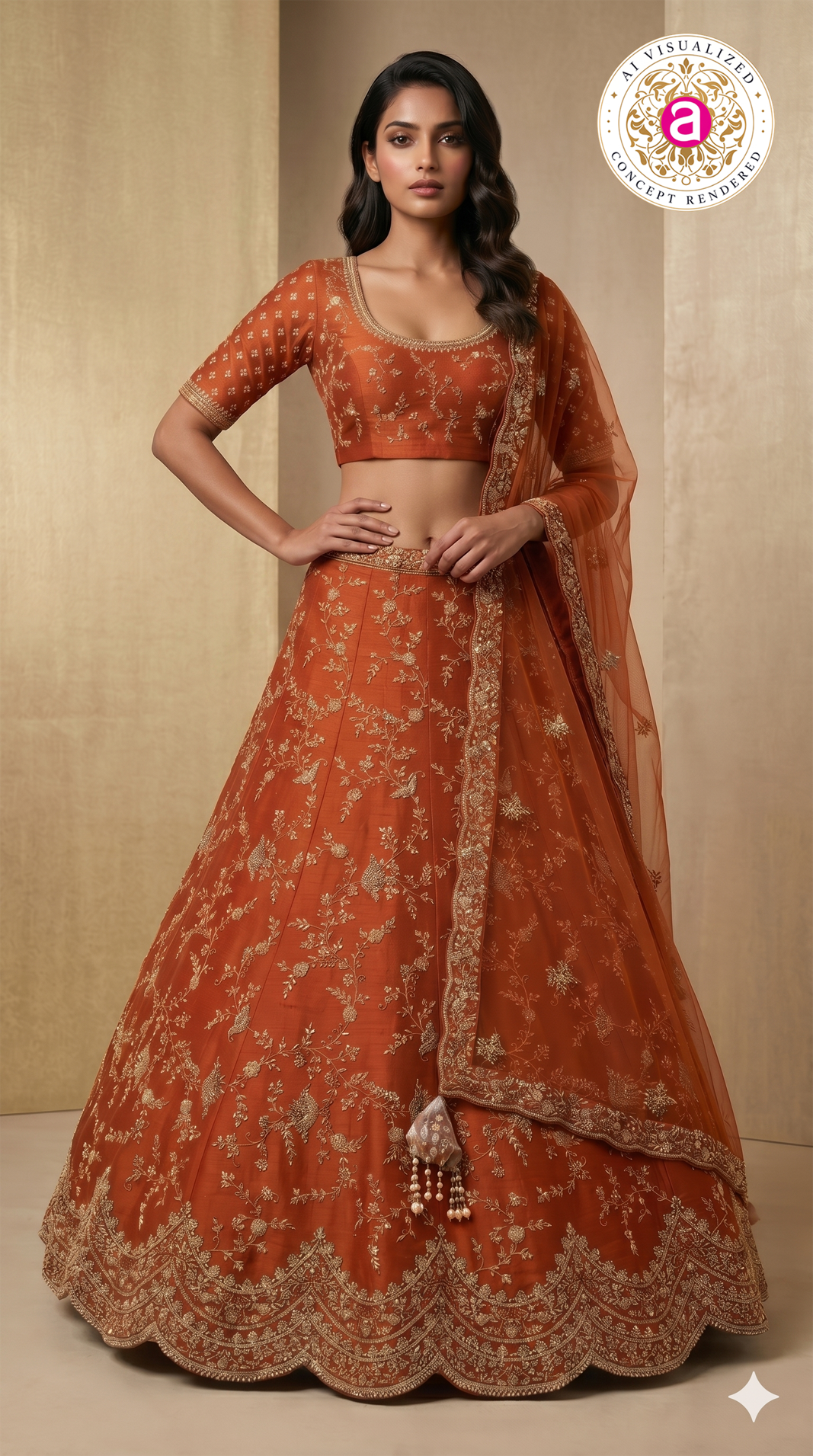 Rust Orange Designer Bridal Lehenga Set with Heavy Zari Embroidery & Net Dupatta