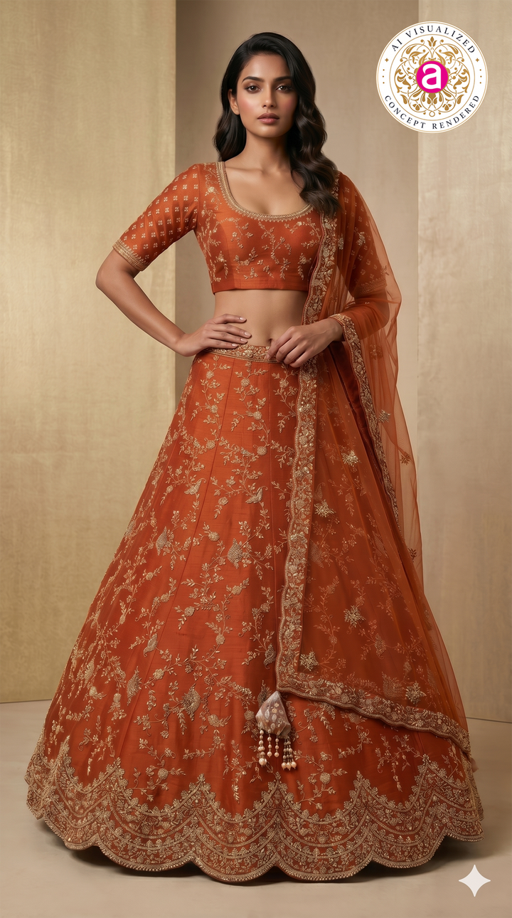 Rust Orange Designer Bridal Lehenga Set with Heavy Zari Embroidery & Net Dupatta