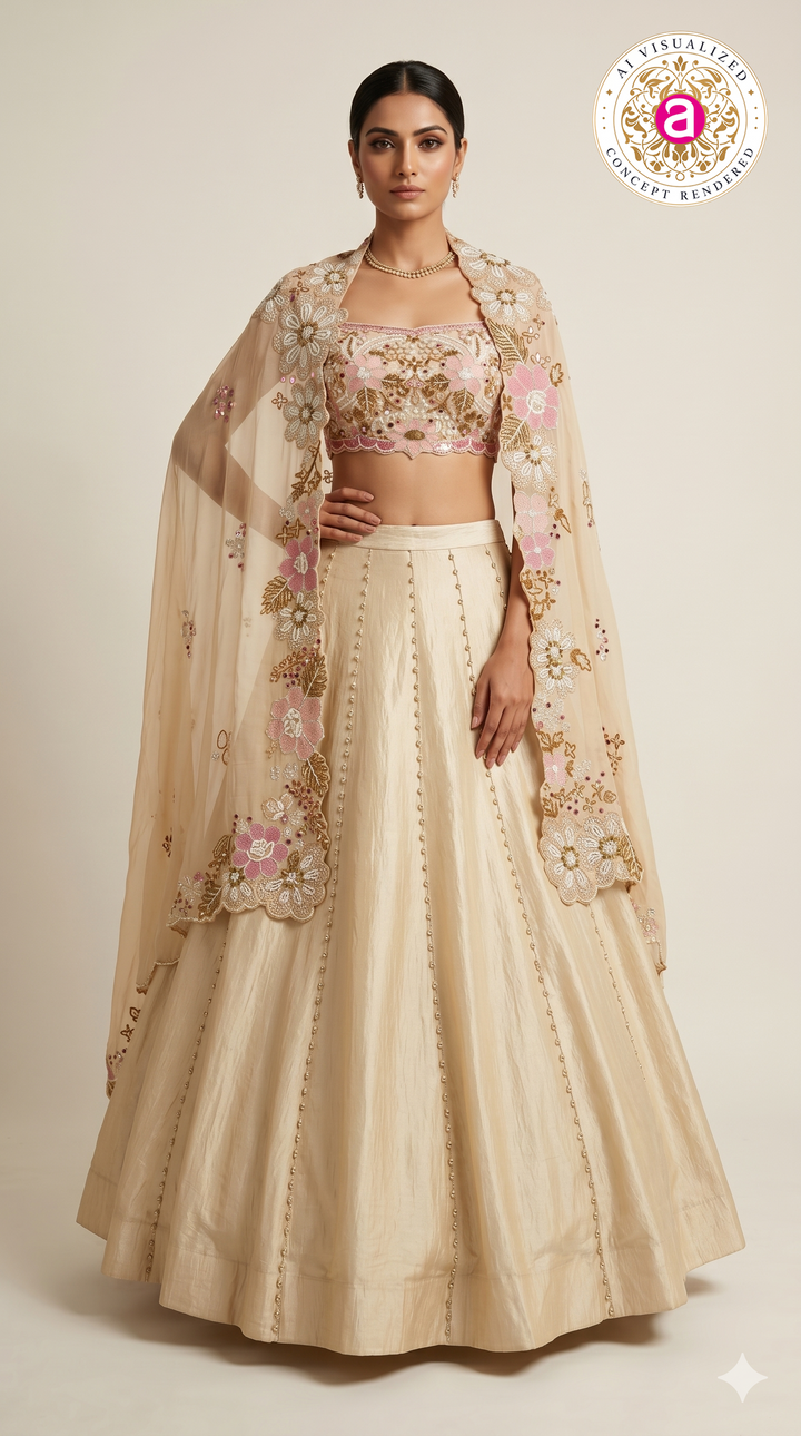 Ivory Floral Embroidered Lehenga Set with Statement Dupatta