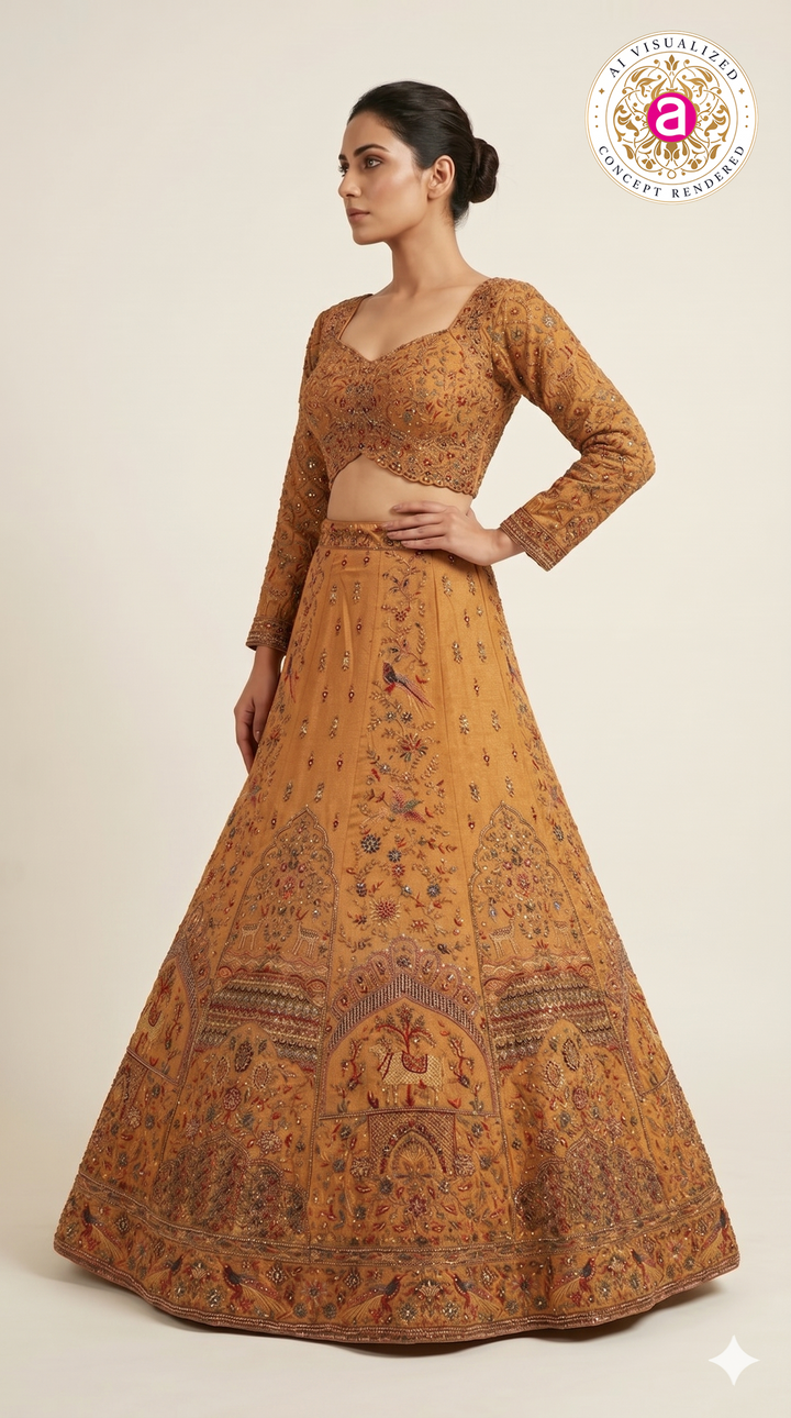 Mustard Gold Heritage Bridal Lehenga Set with Intricate Hand Embroidery & Traditional Motifs