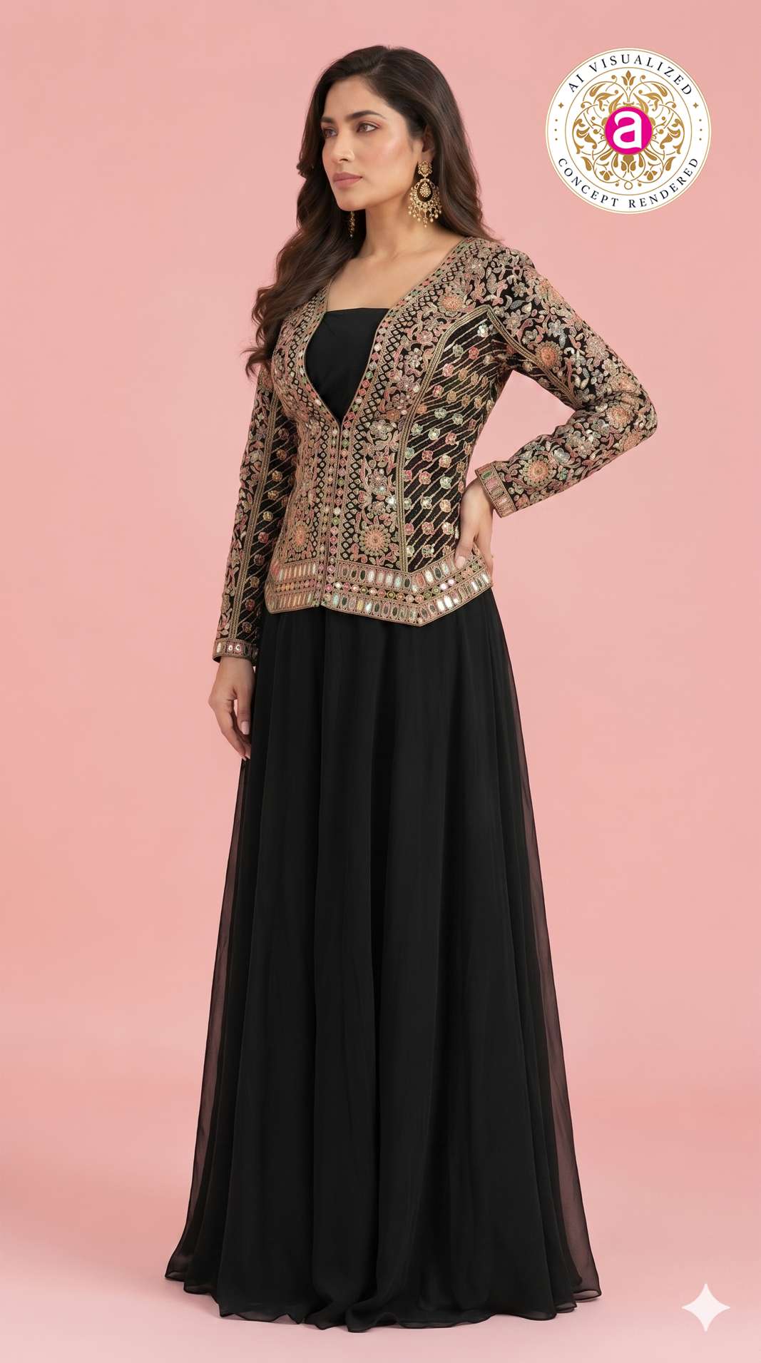 Black Handwork Embroidered Jacket Style Gown Set