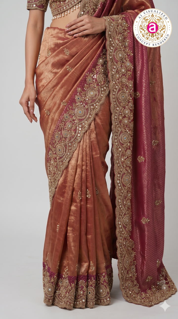 Rose Gold Tissue Saree with Wine Embroidered Border