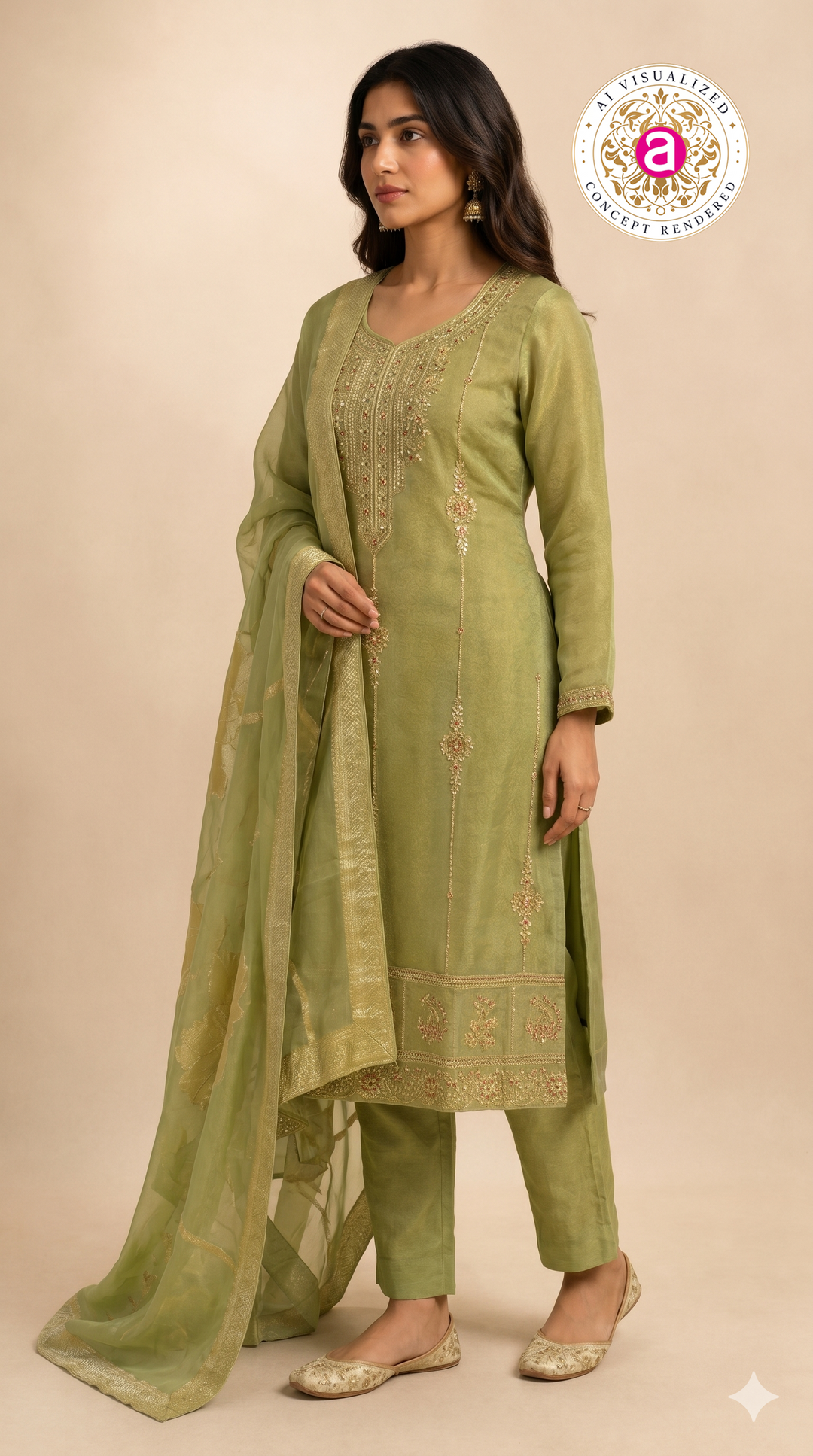 Sage Green Embroidered Straight Kurta Set with Dupatta