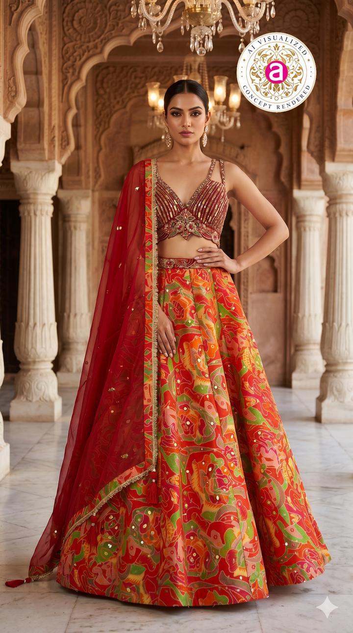 Red Multicolor Abstract Printed Designer Lehenga Set with Embellished Blouse & Net Dupatta