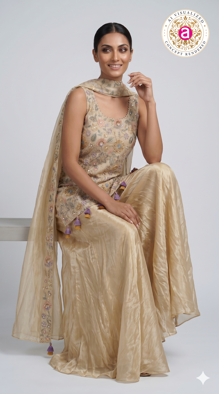 Ivory Floral Embroidered Kurta with Palazzo & Organza Dupatta Set