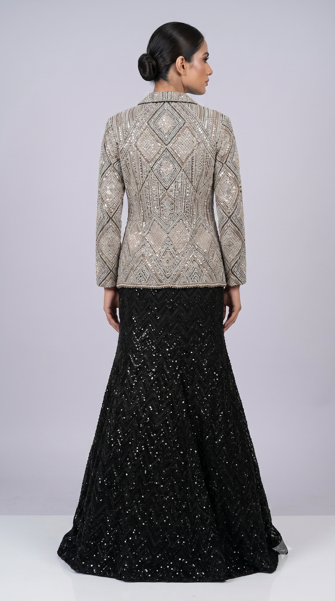 Silver Embellished Structured Jacket with Black Sequin Mermaid Skirt Set