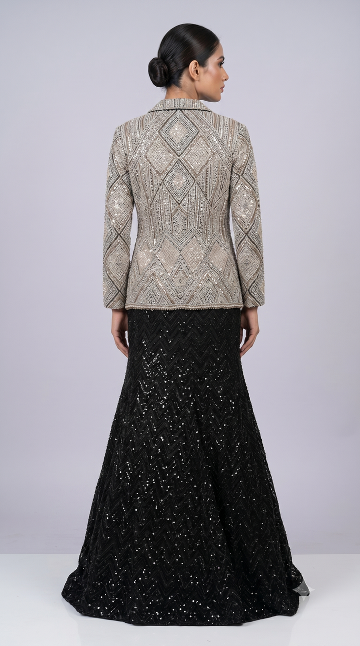 Silver Embellished Structured Jacket with Black Sequin Mermaid Skirt Set