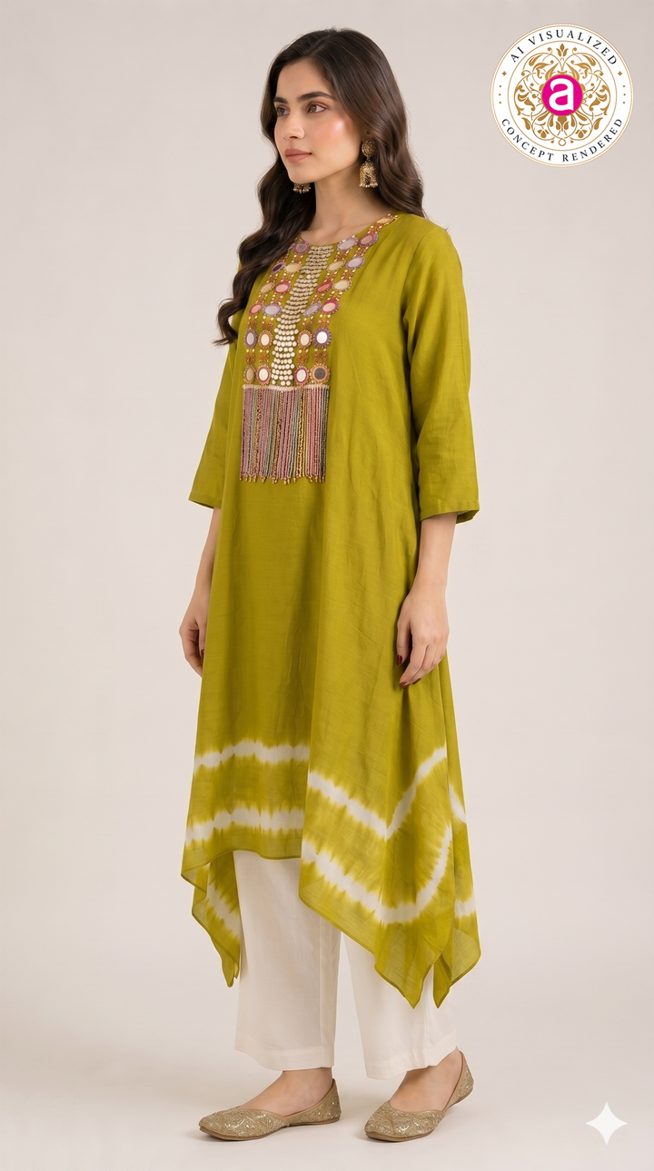 Olive Green Tie-Dye Handwork Kurti with Palazzo Set