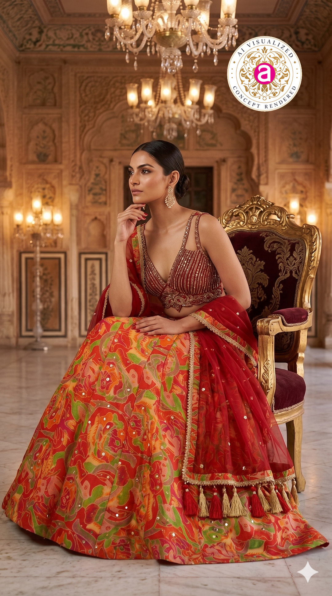 Red Multicolor Abstract Printed Designer Lehenga Set with Embellished Blouse & Net Dupatta