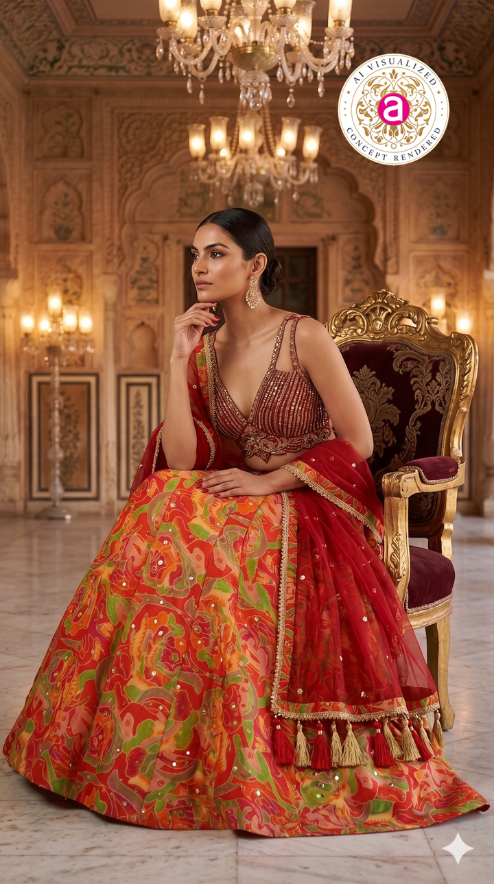 Red Multicolor Abstract Printed Designer Lehenga Set with Embellished Blouse & Net Dupatta